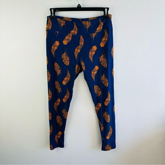 Lularoe Navy Orange Feather Leggings Tall and Curvy - Picture 1 of 4
